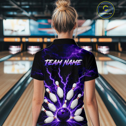 Women wearing personalized bowling quarter zip with purple lightning framing a bowling ball and pins beneath team and player names