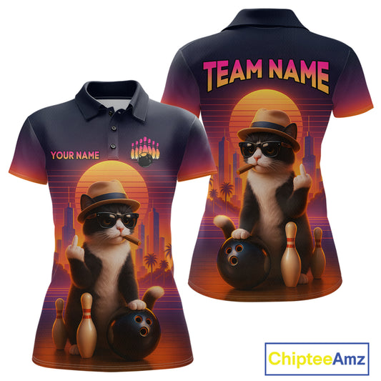 Custom retro funny cat bowling jersey for women, personalized team bowling polo shirt front view and back view