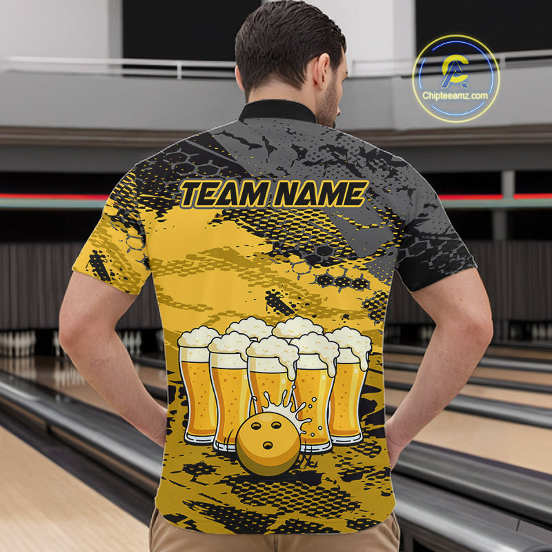 Custom Yellow Beer Bowling Shirts for Men Bowling Team Jersey Bowling League Polo & 1/4 Zip HNT493