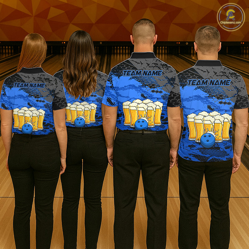 Custom Blue Beer Bowling Shirts for Women Bowling Team Jersey Bowling League Polo & 1/4 Zip HNT493