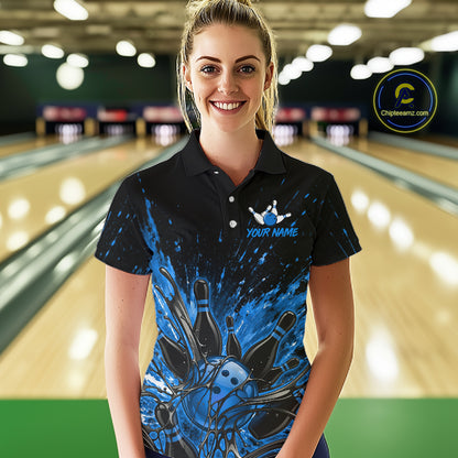 Personalized Blue Bowling Jerseys For Women, Custom Bowling Team Shirts Bowling Pin And Ball HNT494
