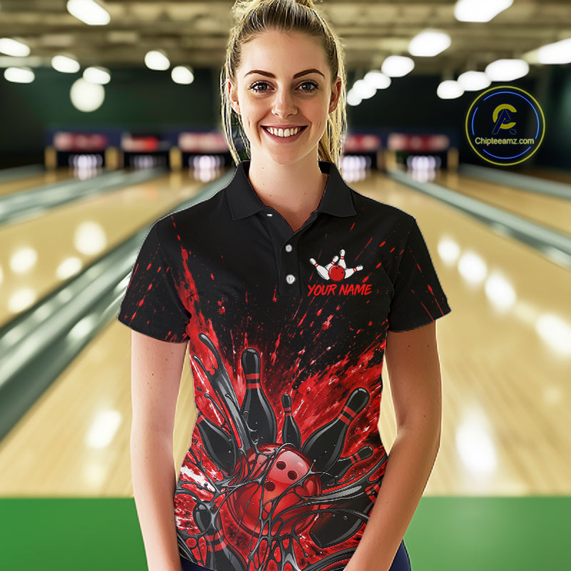 Personalized Red Bowling Jerseys For Women, Custom Bowling Team Shirts Bowling Pin And Ball HNT494