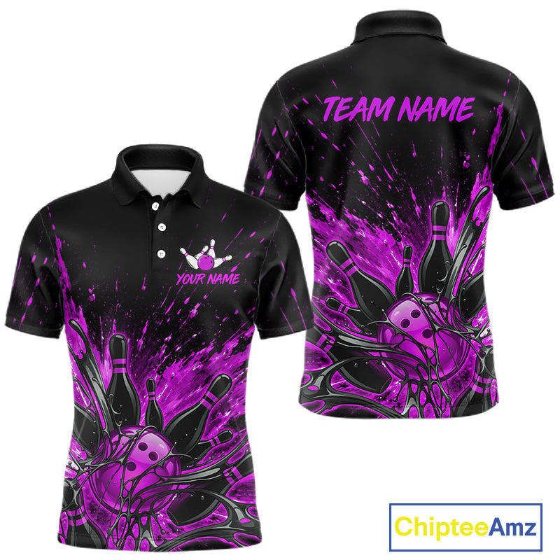 Polo shirt with custom name and team name on a purple bowling ball and pin splash design