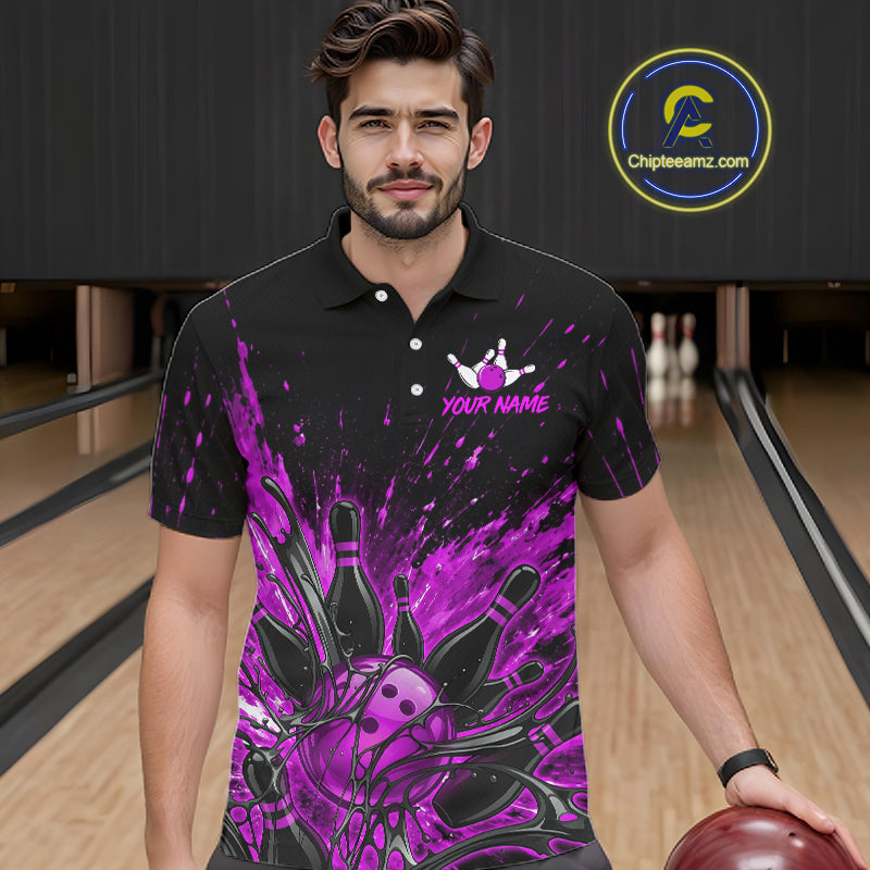 Polo shirt with a custom name and purple bowling ball and pin graphic, shown from the front