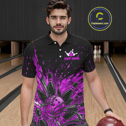 Polo shirt with a custom name and purple bowling ball and pin graphic, shown from the front