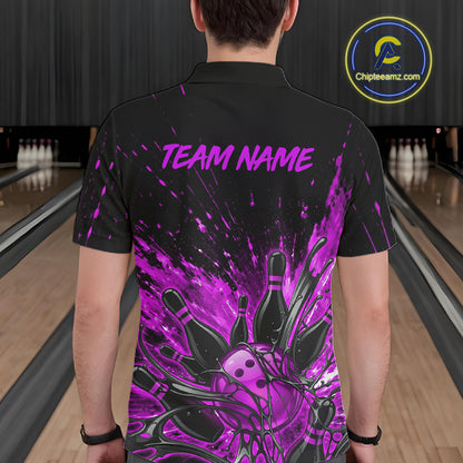 Polo shirt with a custom team name above a purple bowling ball and pin design on the back