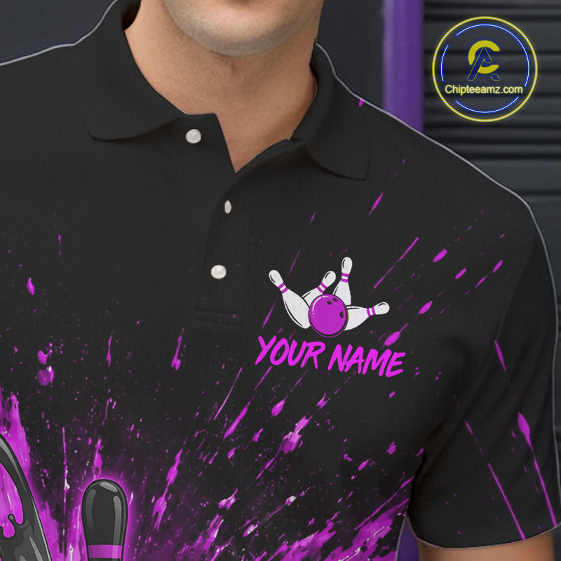 Polo shirt with a custom name and purple bowling ball and pins on the chest