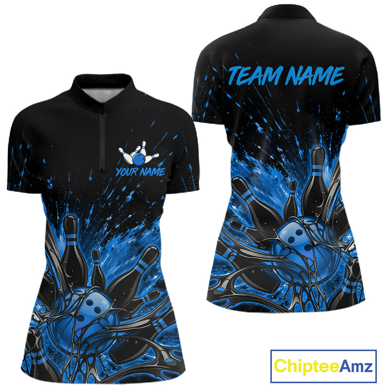 Personalized Blue Bowling Jerseys For Women, Custom Bowling Team Shirts Bowling Pin And Ball HNT494