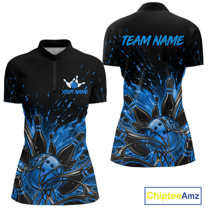 Personalized Blue Bowling Jerseys For Women, Custom Bowling Team Shirts Bowling Pin And Ball HNT494