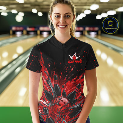 Personalized Red Bowling Jerseys For Women, Custom Bowling Team Shirts Bowling Pin And Ball HNT494
