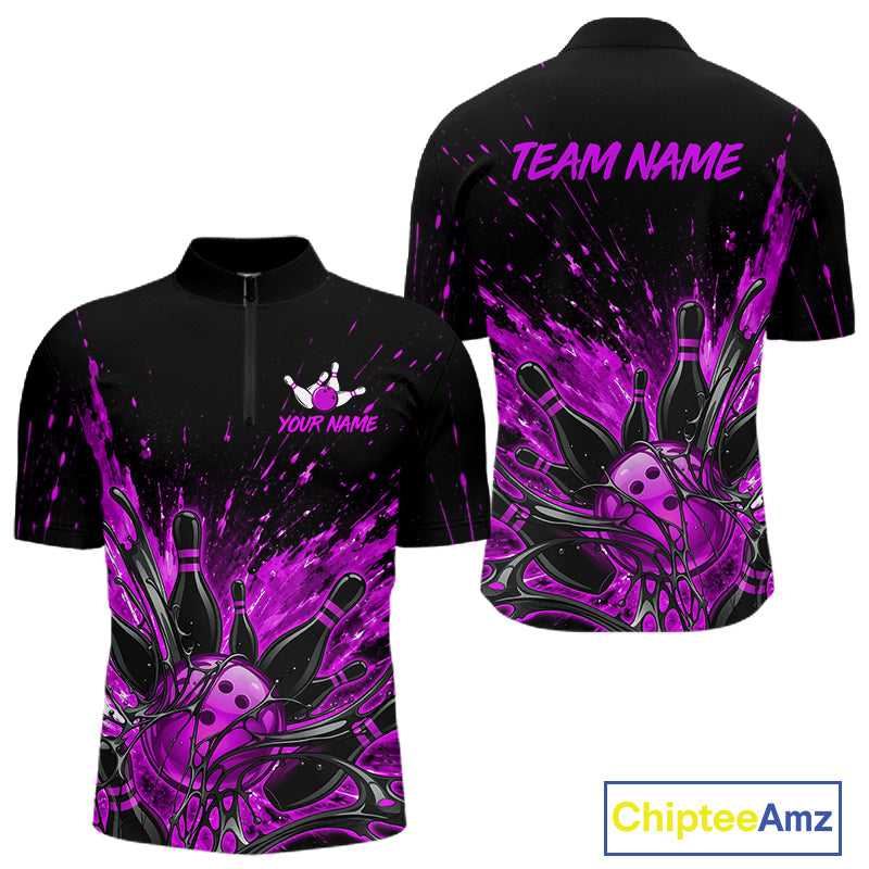 Quarter-zip short-sleeve shirt with a custom purple bowling ball and pin splash design