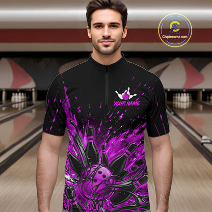 Quarter-zip short-sleeve shirt with a custom name and purple bowling graphic on the front