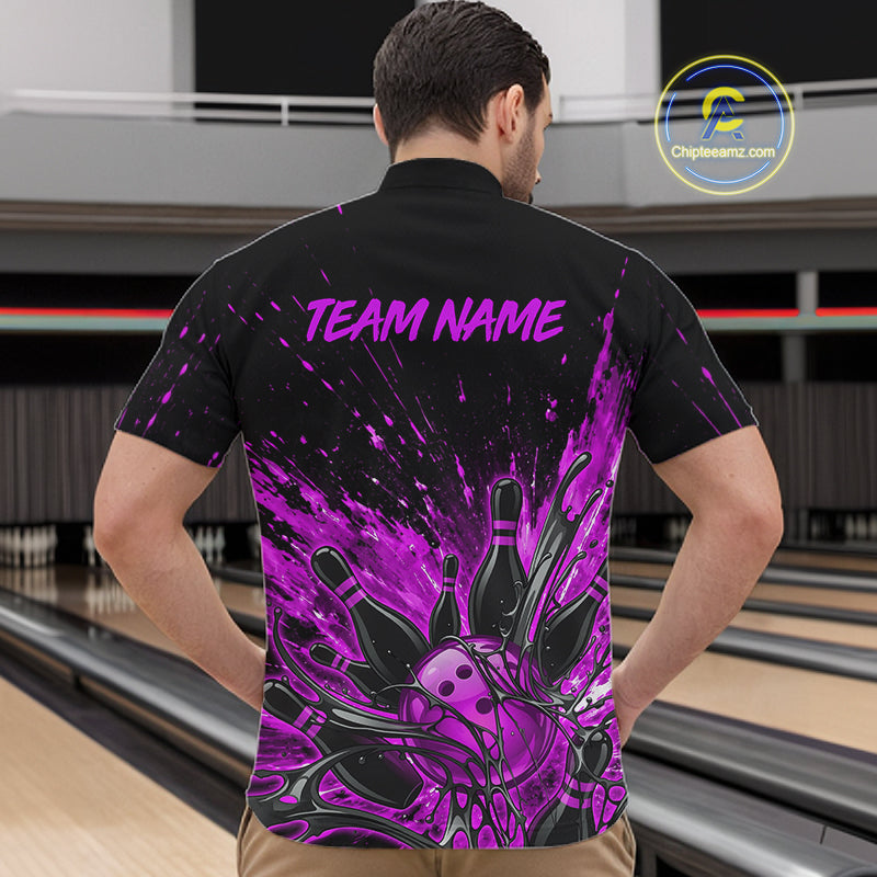 Quarter-zip short-sleeve shirt with a custom team name and purple bowling design on the back