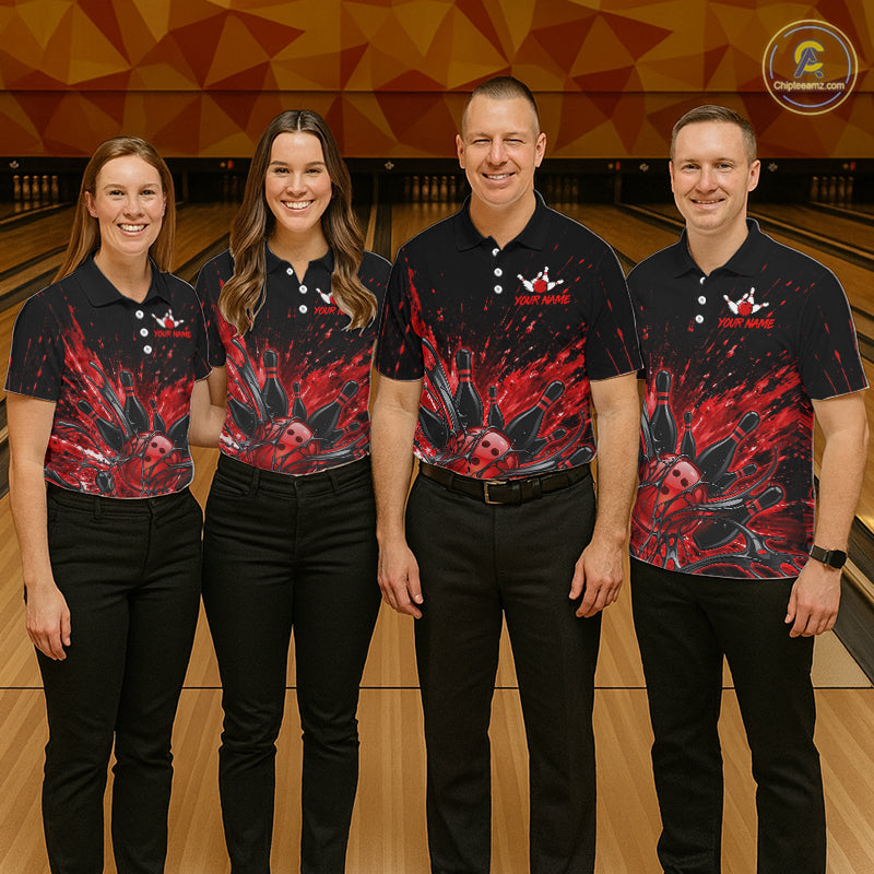 Personalized Red Bowling Jerseys For Women, Custom Bowling Team Shirts Bowling Pin And Ball HNT494