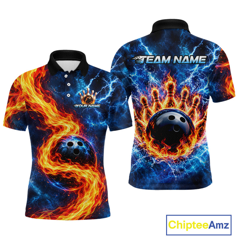 Custom Flame and Water Bowling Shirt for Men Bowling Team Jersey for Bowler Bowling League HNT579