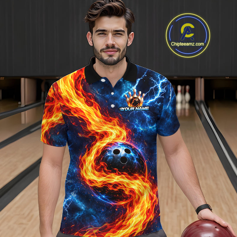 Custom Flame and Water Bowling Shirt for Men Bowling Team Jersey for Bowler Bowling League HNT579