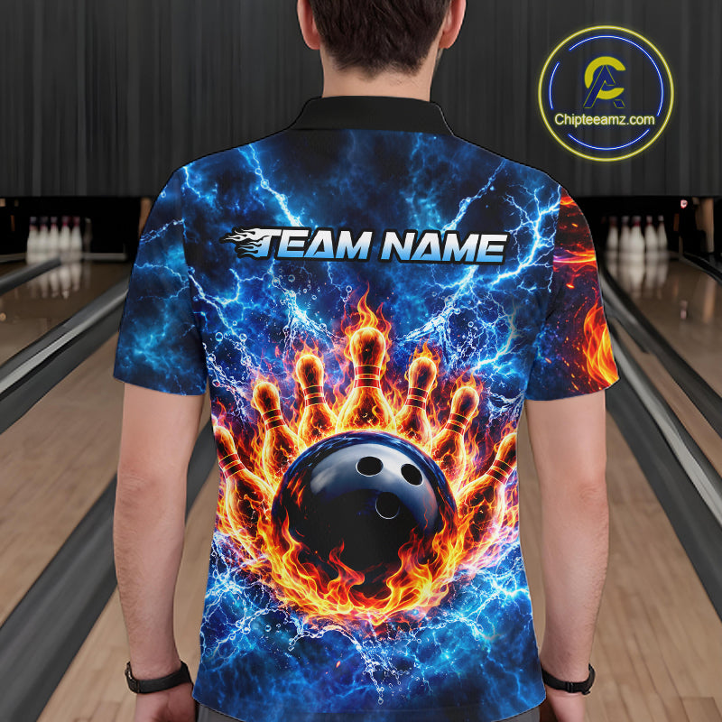 Custom Flame and Water Bowling Shirt for Men Bowling Team Jersey for Bowler Bowling League HNT579