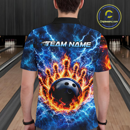 Custom Flame and Water Bowling Shirt for Men Bowling Team Jersey for Bowler Bowling League HNT579