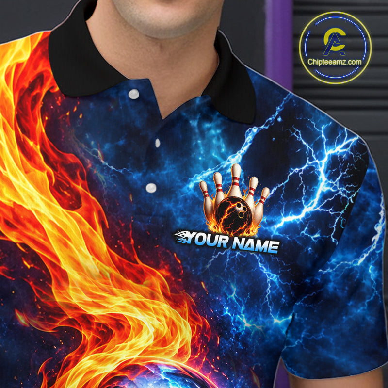 Custom Flame and Water Bowling Shirt for Men Bowling Team Jersey for Bowler Bowling League HNT579