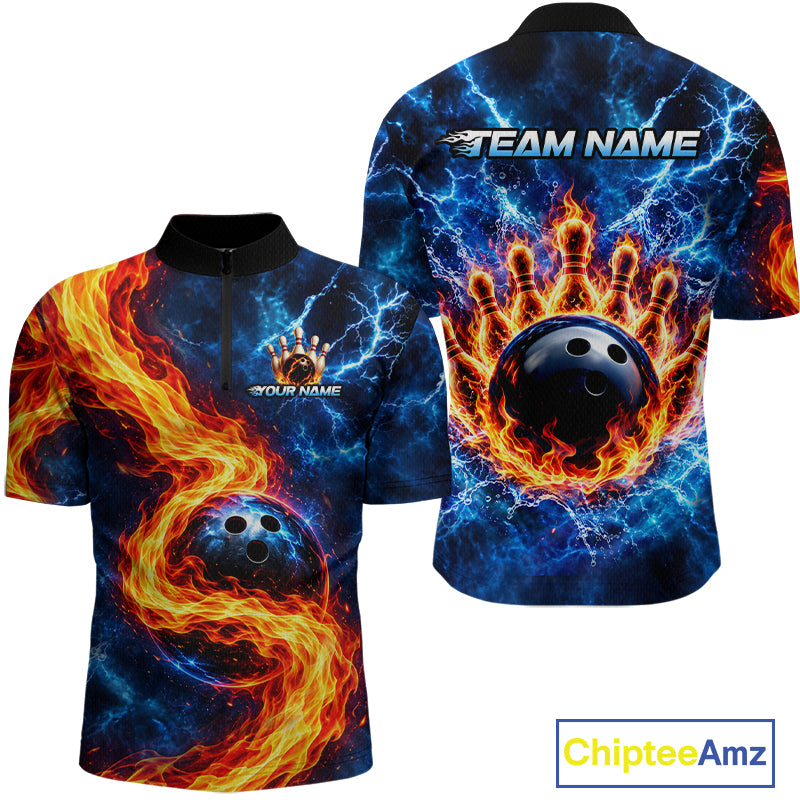 Custom Flame and Water Bowling Shirt for Men Bowling Team Jersey for Bowler Bowling League HNT579