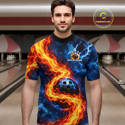 Custom Flame and Water Bowling Shirt for Men Bowling Team Jersey for Bowler Bowling League HNT579