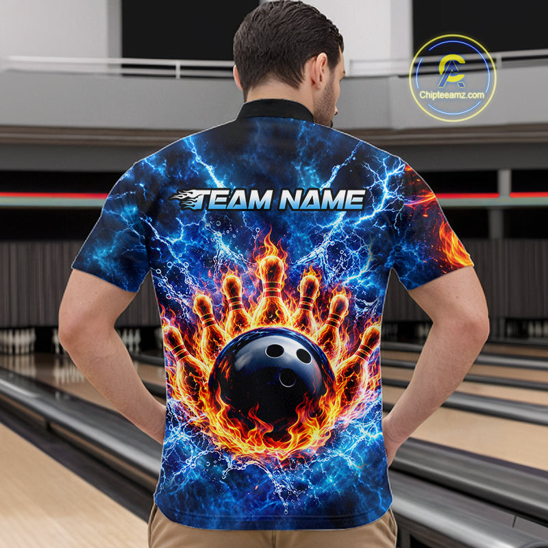 Custom Flame and Water Bowling Shirt for Men Bowling Team Jersey for Bowler Bowling League HNT579