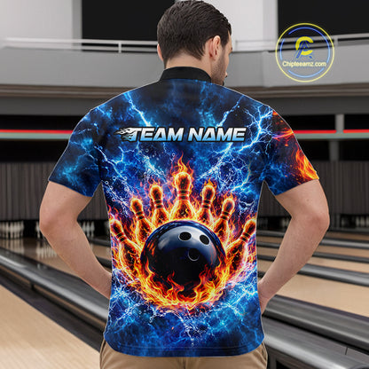 Custom Flame and Water Bowling Shirt for Men Bowling Team Jersey for Bowler Bowling League HNT579