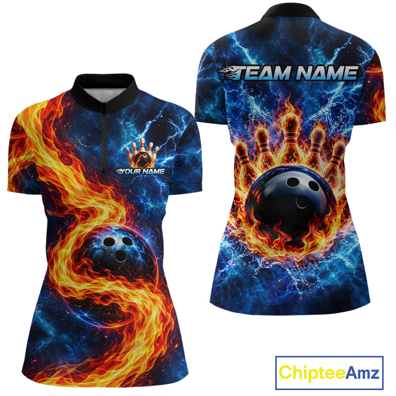 Custom Flame and Water Bowling Shirt for Women Bowling Team Jersey for Bowler Bowling League HNT579