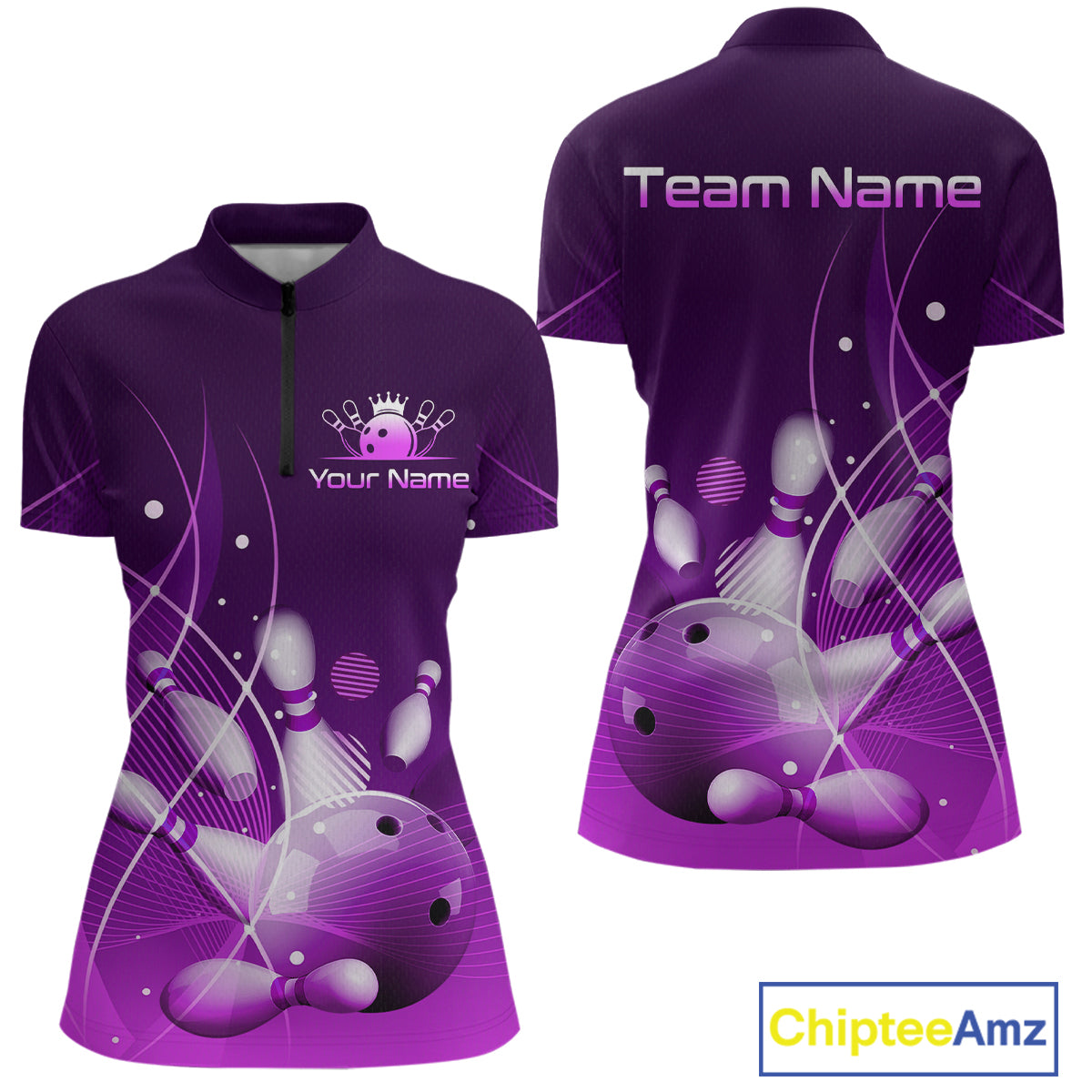 Custom Purple Bowling Jersey for Women Bowling Uniform Bowling Team Shirts Polo & 1/4 Zip HNT168