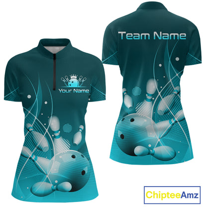 Custom Turquoise Bowling Jersey for Women Bowling Uniform Bowling Team Shirts Polo & 1/4 Zip HNT168