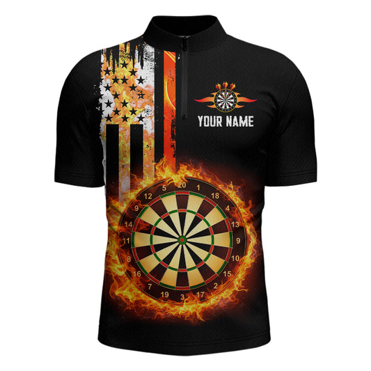 Custom Flame US Flag Darts Shirt for Men Darts Team Jerseys Dart Tournament Polo & 1/4 Zip NNT115