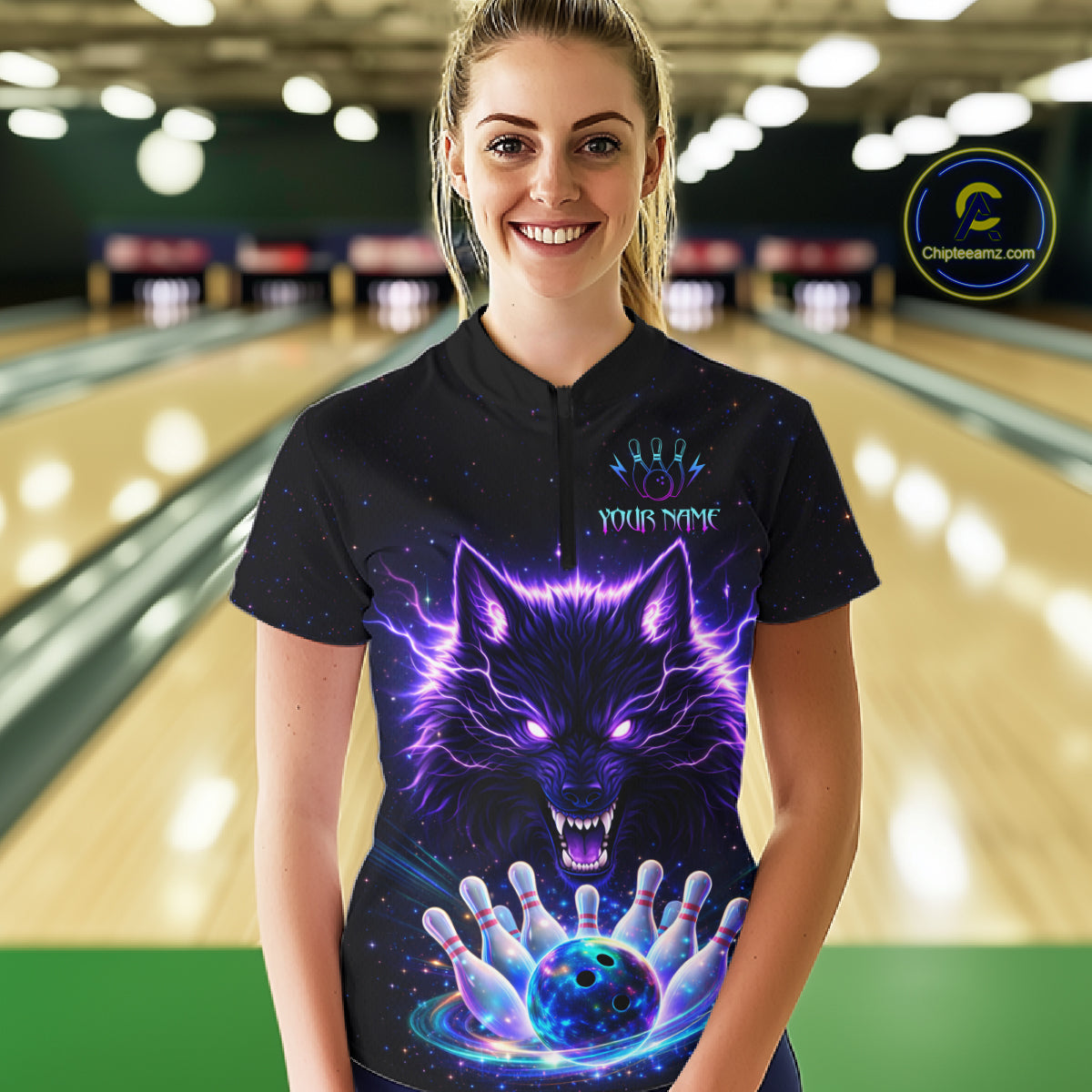 Custom Galaxy Wolf Bowling Jersey for Women Bowling Tournament Polo & 1/4 Zip Bowling Team Shirts HNT220