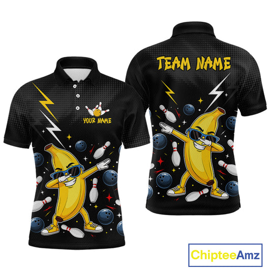 Black polo shirt with a cartoon banana character and bowling elements, featuring 'Team Name' and 'Your Name' text on a white background.