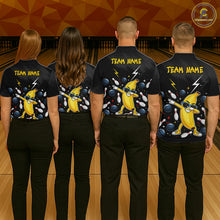 Load image into Gallery viewer, Four people wearing black bowling polo with a yellow banana character and 'Team Name' text on a bowling alley background.
