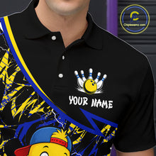Load image into Gallery viewer, Black polo shirt with a bowling design and space for personalization, featuring a brand logo in the corner.