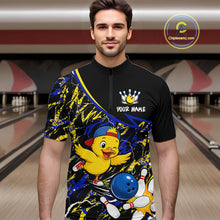 Load image into Gallery viewer, Man wearing a colorful bowling-themed shirt with a duck graphic in a bowling alley.