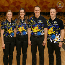 Load image into Gallery viewer, Four people wearing matching bowling shirts with a duck and ball design on a bowling alley.