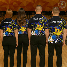 Load image into Gallery viewer, Four people wearing matching bowling shirts with a duck and ball design on a bowling alley.
