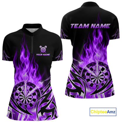 Purple Flame Womens Darts Polo & Quarter Zip Shirts Custom Dart Shirts For Team Darts Jerseys NNT318
