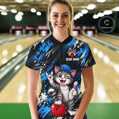 Custom Funny Cat Bowling Shirts for Women Bowling Team Jersey Bowling Uniform for Bowler HNT581