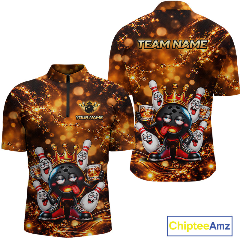 Custom Funny Drunk Crown Bowling Ball Pins Whiskey, Bowling Jersey for Men Bowling Team Shirts HNT651