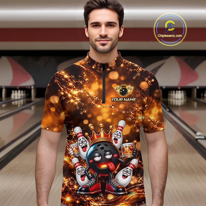 Custom Funny Drunk Crown Bowling Ball Pins Whiskey, Bowling Jersey for Men Bowling Team Shirts HNT651