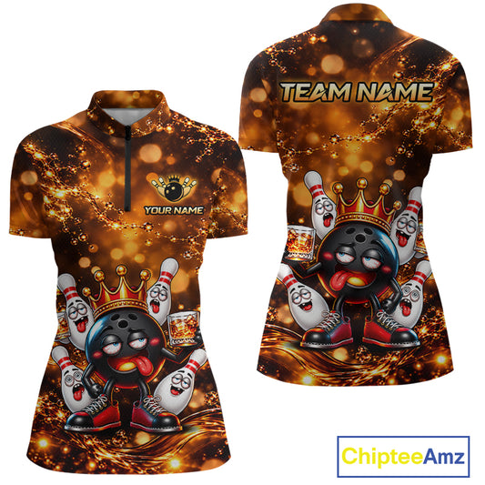 Custom Funny Drunk Crown Bowling Ball Pins Whiskey, Bowling Jersey for Women Bowling Team Shirts HNT651