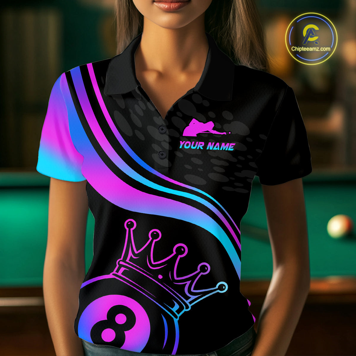 Neon 8 Ball Crown Billiard Shirts for Women Custom Billiard League Billiard Team Shirts Polo & 1/4 Zip NNT103