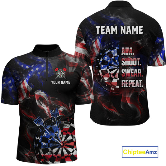 Custom US Flag Aim Shoot Swear Repeat Darts Shirt for Men Darts Team Jerseys Polo & 1/4 Zip NNT114