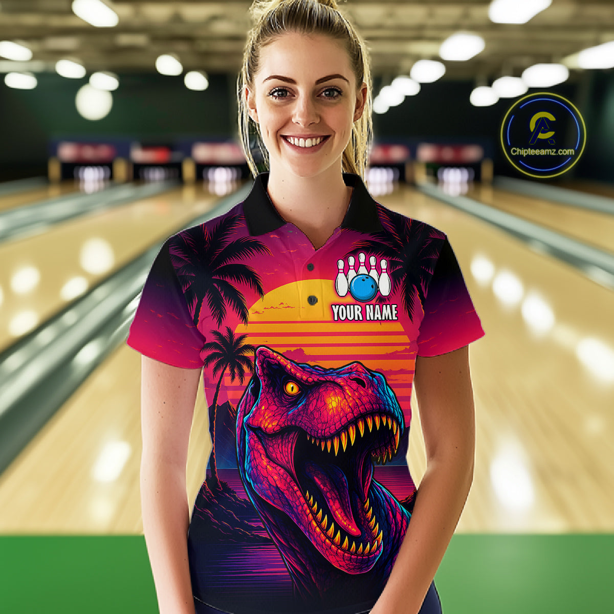 Custom Neon Dinosaur Bowling Jersey for Women Unisex Bowling Shirts for Team Polo & 1/4 Zip HNT241