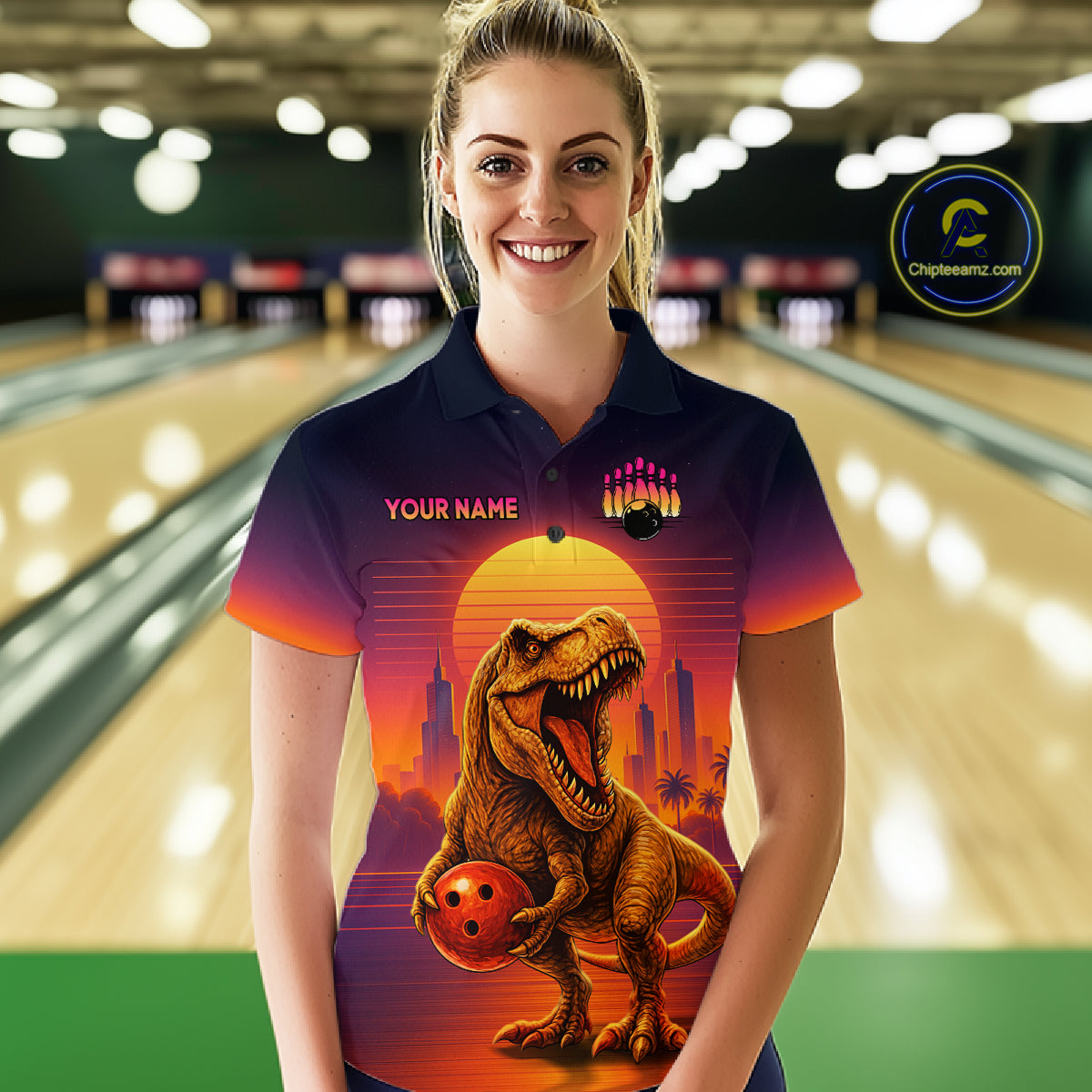 Custom Retro Dinosaur Bowling Jersey for Women Unisex Bowling Shirts for Team Polo & 1/4 Zip HNT242