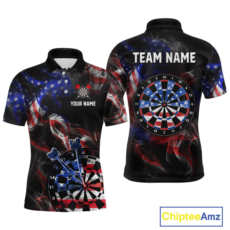 Front and back views of a black darts polo featuring patriotic American flag smoke graphics, dartboards, blue darts, and custom team and player name text.