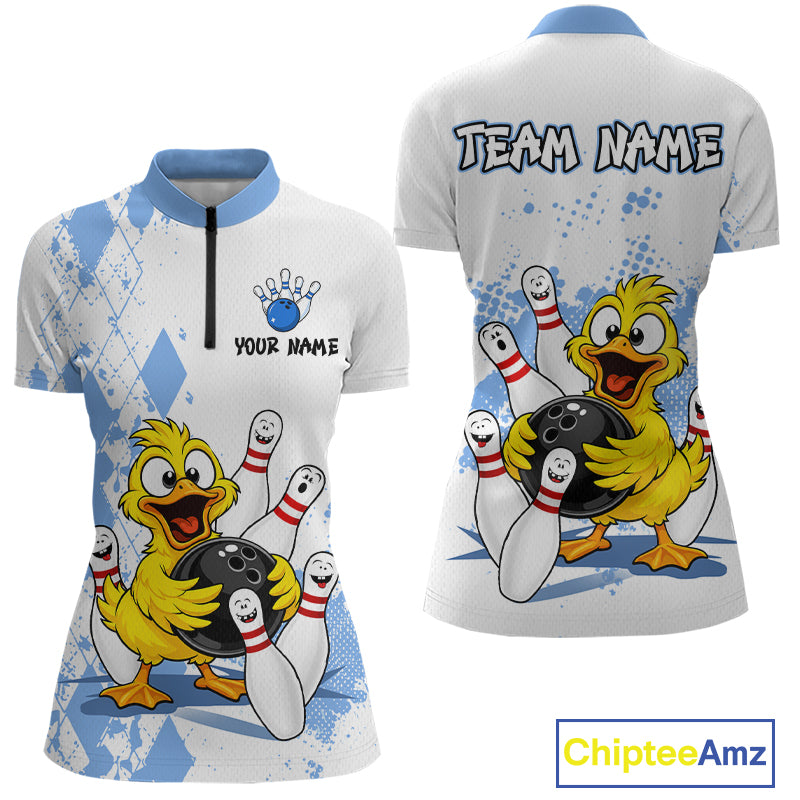 Front and back views of a women's short-sleeve bowling-themed polo shirt. The shirt has a white base with light blue diamond patterns, a blue collar, and a large cartoon yellow duck holding a black bowling ball with white bowling pins.