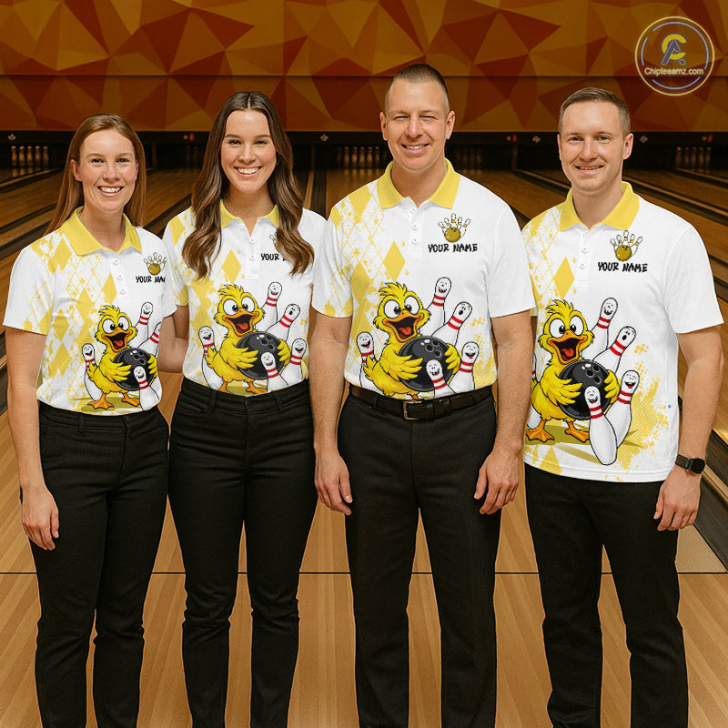 Four people standing together in a bowling alley wearing matching white and yellow bowling shirts with a cartoon bird graphic, paired with black pants.